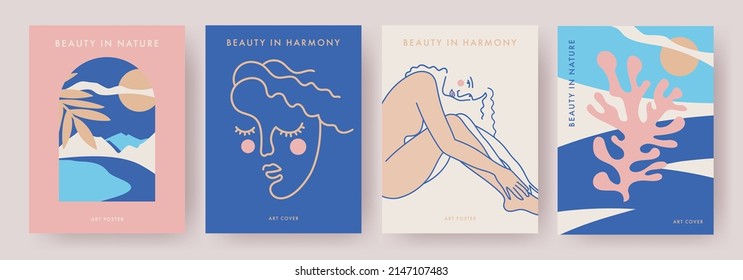 Poster set in modern art style. Concept of beauty in harmony and nature. Minimalist trendy illustration of female figure, portrait of beautiful girl, abstract nature scene. Wall art, print, cover, ads