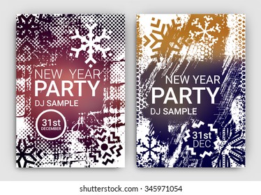 Poster Set for New Year's Eve Party Celebration - Grunge Stylized Snow with geometric snowflake design elements