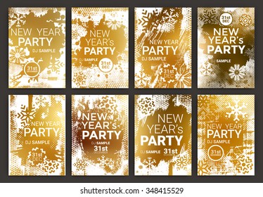 Poster Set for New Year's Eve Party Celebration - Grunge Stylized Snow with geometric snowflake design elements with golden background