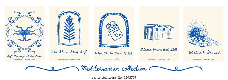 Poster set with octopus, leaf, sardines, beach cabins, and ocean wave - quirky seaside poster set with summer vibes. Vector illustration.