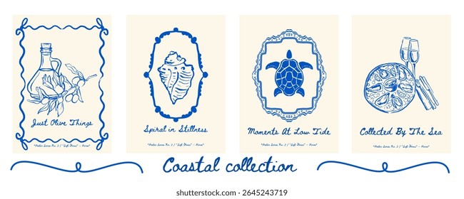Poster set with olive oil bottle and branch, shell, turtle, and oysters with champagne - elegant coastal kitchen poster set. Vector illustration.
