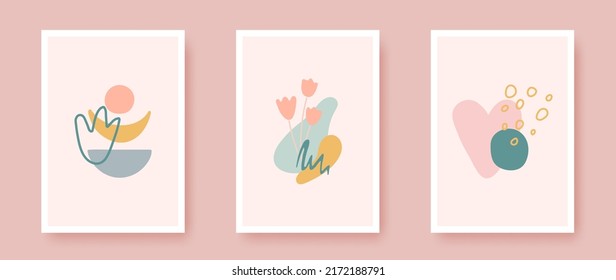 Poster set with organic design element. Modern room wall decor. Minimal art. Unique hand drawn collage. Geometric shapes in pastel color. Contemporary texture for print, brochure. Vector illustration.
