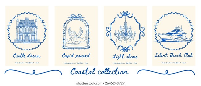 Poster set with palace, cherub statue, chandelier, and yacht - luxury poster collection with Mediterranean elegance. Vector illustration.
