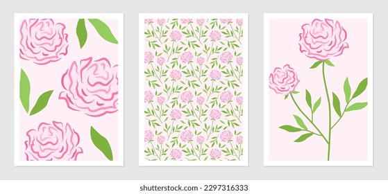 Poster set with pink peonies. Floral vector illustration of roses on twigs with green leaves. Botanical drawing for interior design. Background with vintage flowers.