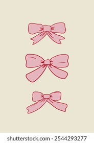 Póster con conjunto de cintas rosas. Ilustración vectorial de lazos en estilo retro. Coqueta estética vintage Clipart