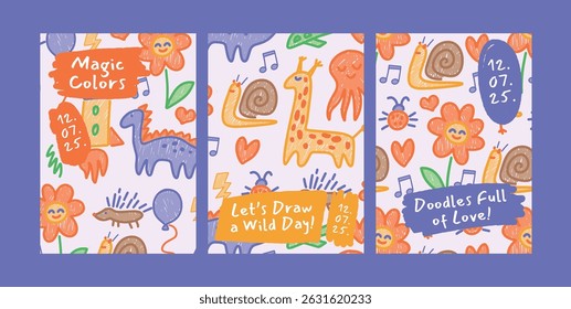 Poster set in playful crayon style with smiling flowers, snails, giraffes, dinosaurs and rockets. Colorful banners with lettering for kids event or drawing activity. Vector illustration.