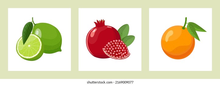 Afiche con granada, cal y naranja, dibujos animados de tipo plano con fondo blanco