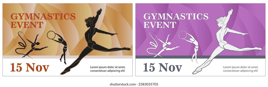 Poster set with rhythmic gymnastics design. Silhouette of a flexible girls practicing artistic gymnastics, jumping, dancing . Modern design for women's sports