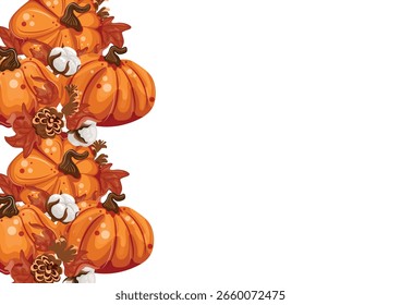 Plakat mit runden Herbstkürbissen mit Flecken und Kiefernzapfen und Baumwolle im Cartoon-Stil, für Herbstdesigns, Karten oder Verpackungen