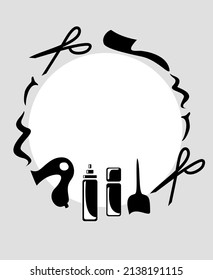 
poster with a set of scissors, hair dryer,
 strands, hairpins, bottles for barbershop