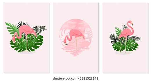 Poster set. Summer vector illustration of pink flamingo.