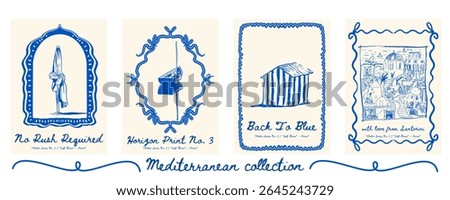 Poster set with sun umbrella, boat, beach cabin, and Santorini view - travel-inspired seaside wall art bundle. Vector illustration.