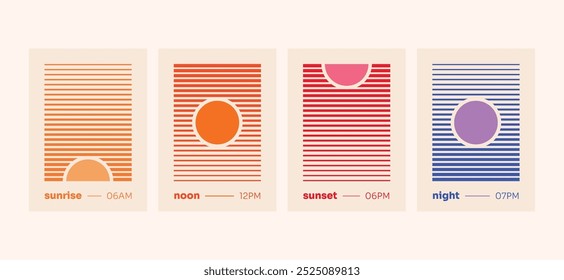 Poster Set Sunrise Noon Sunset Night Concept Minimalist Retro