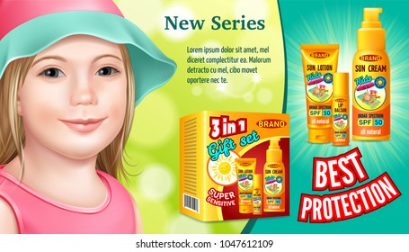 Poster of set sunscreen, cream, lotion, gel, balsam and spray for children. Protection from the sun. 3d realistic vector illustration.