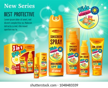 Poster of set sunscreen, cream, lotion, gel, balsam and spray for children. Protection from the sun. 3d realistic vector illustration.