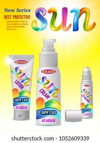Poster of set sunscreen, cream, lotion, gel, balsam and spray. Protection from the sun. Lettering calligraphy font with brushstroke oil or acrylic paint. 3d realistic vector illustration.