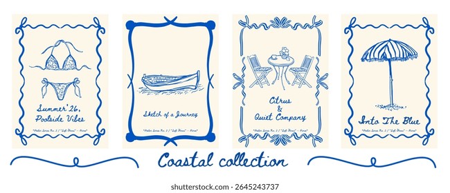 Poster set with swimsuit, boat, beach table with two chairs, and beach umbrella - summer decorative collection of 4 wall art illustrations. Vector illustration