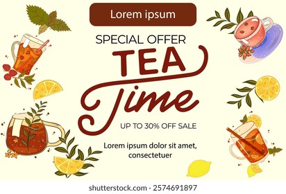 Pôster com xícaras de chá, ervas, limão, hortelã. Para cartaz, cartão, faixa, desconto, oferta especial. Ilustração vetorial EPS10 
