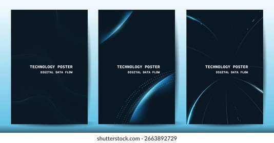 Colección de Anuncio de la tecnología del conjunto del cartel. Futurista onda de datos digitales líneas brillantes. Concepto de ciencia de datos Anuncio tecnológico, presentación de negocios corporativos o tecnología de folletos