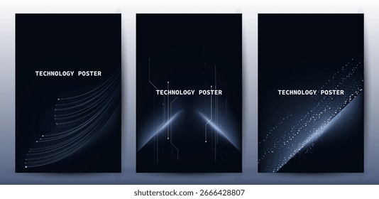 Coleção de banner de tecnologia Poster Set. Linhas brilhantes de ondas de dados digitais futuristas. Banner técnico de conceito de ciência de dados, apresentação de negócios corporativos ou tecnologia de livreto