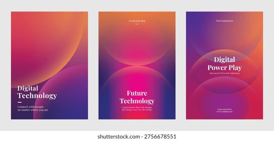 Poster set of tech-themed posters showcasing innovative technology, data analytics, and digital transformation. Set of poster purple gradient template poster. Poster template vector set.