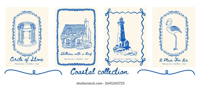 Poster set with tholos temple, countryside cottage, lighthouse, and flamingo - charming seaside 4-poster collection for tropical decor. Vector illustration.