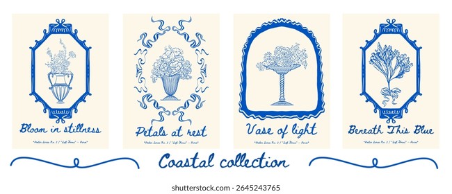 Poster set with three elegant vases with flowers and seaweed - artistic beach poster bundle for coastal interiors. Vector illustration.