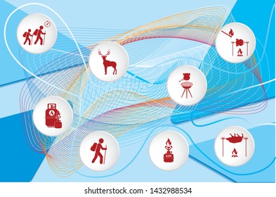 Poster with Set of travel and camping equipment icons. Vector illustration