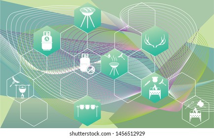 Poster with Set of travel and camping equipment icons. Vector illustration