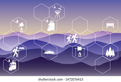 Poster with Set of travel and camping equipment icons. Vector illustration