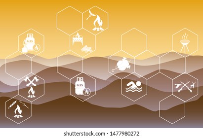 Poster with Set of travel and camping equipment icons. Vector illustration