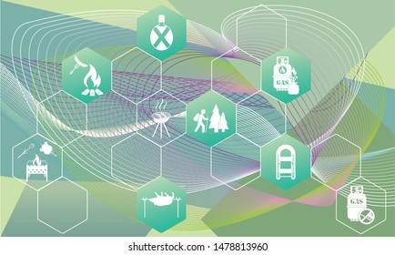 Poster with Set of travel and camping equipment icons. Vector illustration