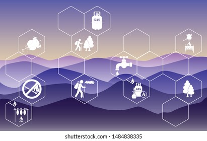 Poster with Set of travel and camping equipment icons. Vector illustration