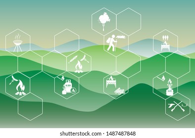 Poster with Set of travel and camping equipment icons. Vector illustration