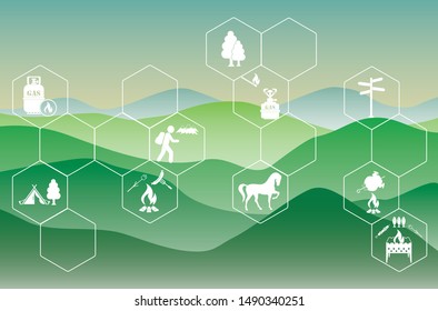 Poster with Set of travel and camping equipment icons. Vector illustration