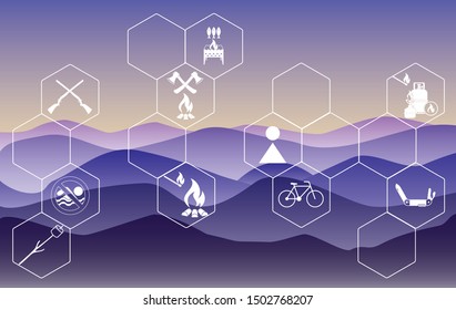 Poster with Set of travel and camping equipment icons. Vector illustration