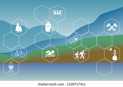 Poster with Set of travel and camping equipment icons. Vector illustration