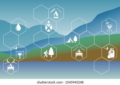 Poster with Set of travel and camping equipment icons. Vector illustration