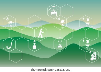 Poster with Set of travel and camping equipment icons. Vector illustration