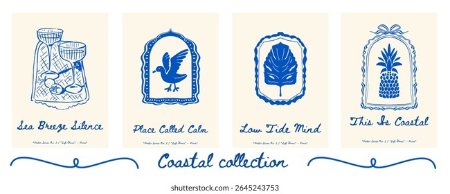 Poster set with two champagne glasses, seagull, tropical leaf, and pineapple - cheerful tropical beach decor collection. Vector illustration.