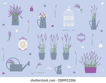 Poster, set of vector images Provence. Lavender in pots, bags, bunches, garden watering can, birdcage, photo frame. For banners, prints, covers, wallpapers, postcards, wedding cards, and wall art.