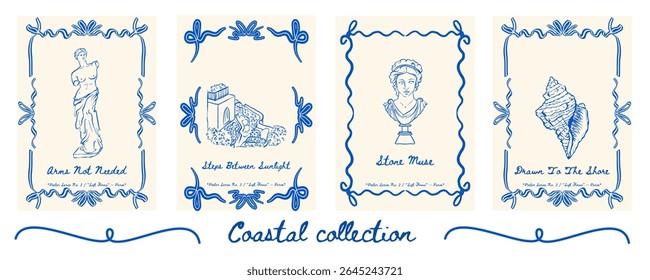 Poster set with Venus statue, Santorini view, classical head sculpture, and seashell - elegant 4-poster collection for coastal interiors. Vector illustration.