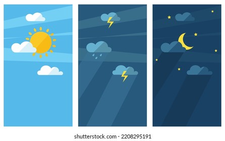 Poster set weather forecast app widgets. Thunderstorm, rain, sunny day and night. Vector illustration