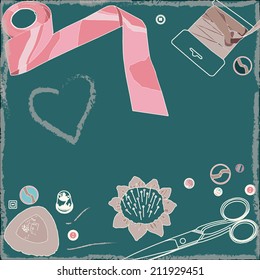 Poster with several sewing items above a blackboard background