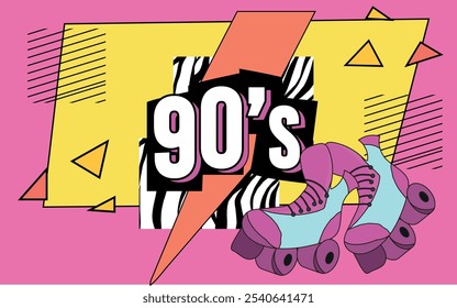 cartaz com formas e ícones que representam os anos noventa, conceito de viagem no tempo e um sentimento de nostalgia. ilustração vetorial.