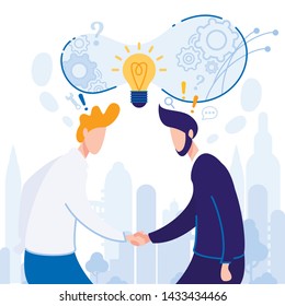 Poster Sharing Ideas about Idea Cartoon Flat. Men Shake Hands. Agreement on Cooperation and Exchange Ideas. Joint Development Conceptual Idea for Successful Business. Vector Illustration.