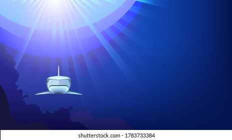 Cartel. Tiburón en plena cara bajo el agua. Fondos marinos con rayos brillantes del sol EPS10