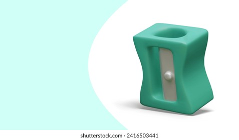 Poster with sharpener device in green color. Tool for pencil shavings