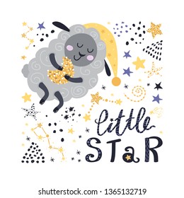 Poster with sheep, stars and lettering.