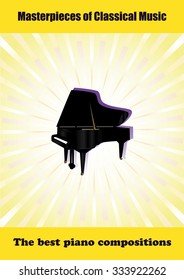  Poster with shining grand piano on a yellow background.